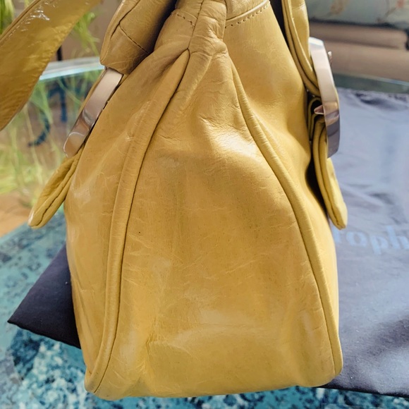 ✨Christopher Kon✨ Yellow Leather Handbag W/Chrome Buckle Hardware & Dusk Bag - Picture 5 of 16
